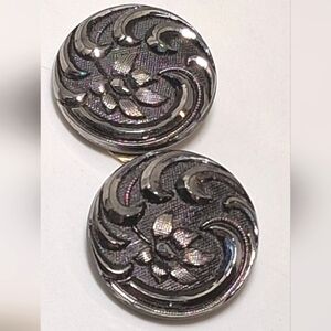 * Vintage Germany Black Glass Flower Button Clip On Earrings
